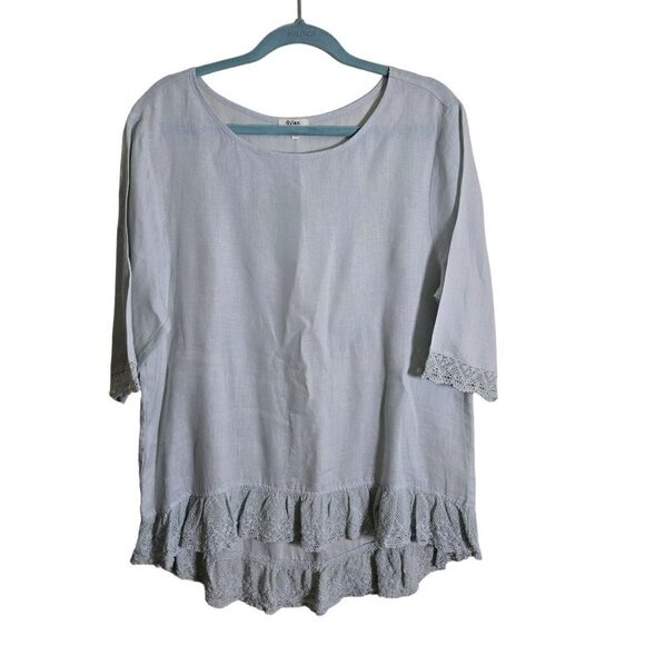 Dylan Pale Mint Green 100% Linen Bohemian High Low Lace Trim Top Size L - Picture 1 of 5